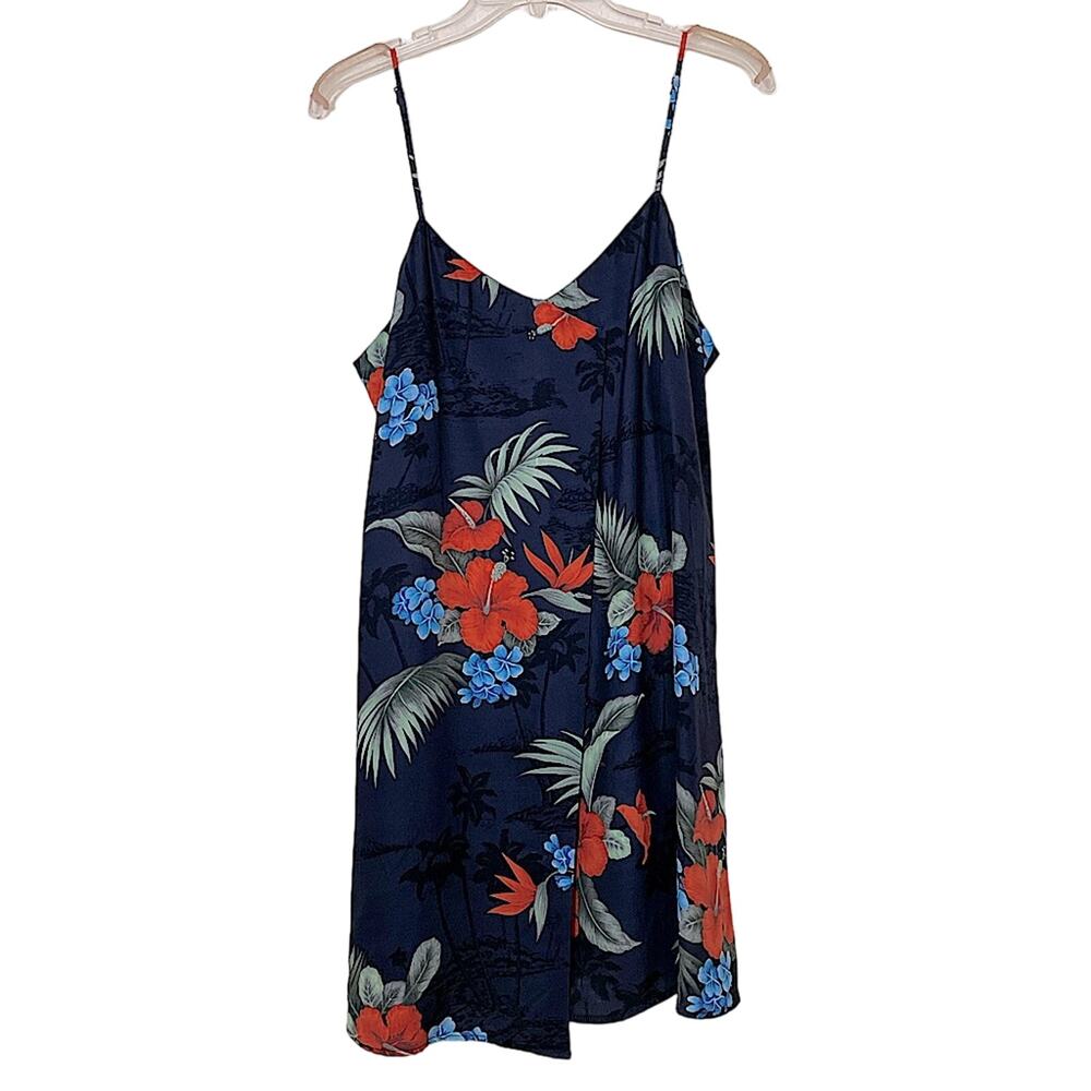 Veda Silk slip mini dress Hawaiian print tropical black wrap draped straps M